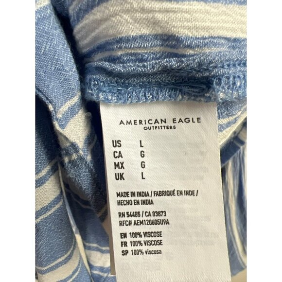 American Eagle Outfitters Blue and White Striped Viscose Flare Sleeve Tie Waist - Picture 4 of 7